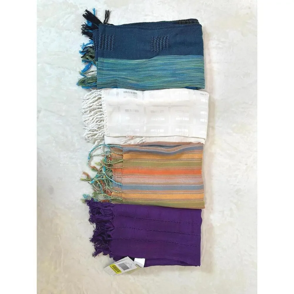 Lot Of 4 Boho Fringe Scarves Purple Rayon Blue Cotton Orange Ivory Lagenlook